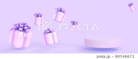 3D Podium and flying gift boxes with bows on purple background. Mockup blank pedestal for display product with presents or bonuses on Birthday, Valentine day, Christmas or New Year, 3d web banner 90546671