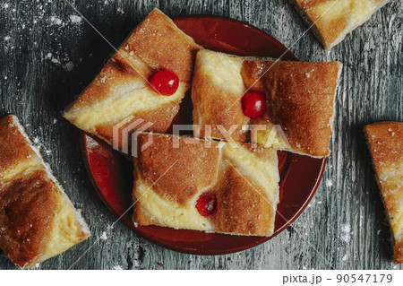 pieces of catalan sweet flat cake coca de sant joan pieces of catalan sweet flat cake coca de sant joan 90547179