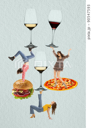 Contemporary art collage. Group of young stylish girls having cheerful birthday celebration 90547593