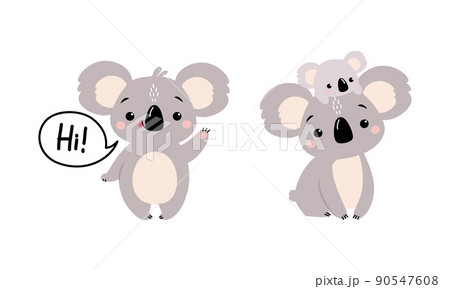 Adorable Koala Arboreal Australian Animal with Round Ears Saying Hi Waving Paw and Carrying Baby Vector Set 90547608