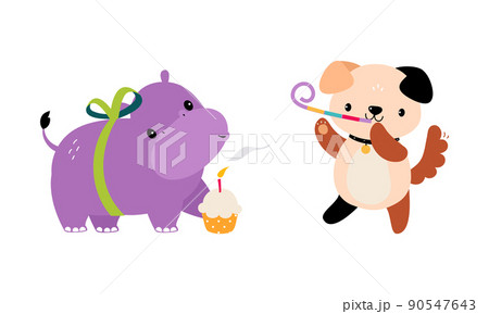 Cute Hippo and Dog Animal Congratulating with Birthday Holiday with Cupcake and Blowing Whistle Vector Set 90547643