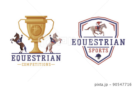 Equestrian Club Logo and Emblem with Jockey on Horseback Vector Set 90547716