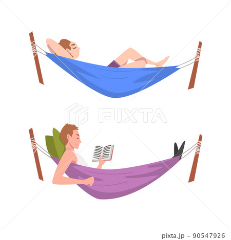 Male and Female Lying in Hammock Reading Book and Sleeping Having Rest Vector Set 90547926