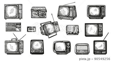 Set retro engraved device isolated on white background. Vintage television, radio and music cassette in hand drawn style. Sketch media equipment. 90549256