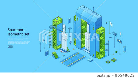 Spaceport isometric set with rocket on cosmodrome 90549625