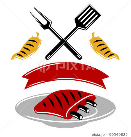 Bbq background with grill objects and icons. Stylized kitchen and restaurant items. 90549822