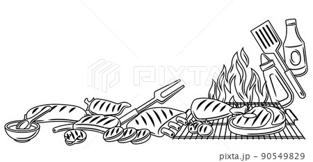 Bbq background with grill objects and icons. Stylized kitchen and restaurant items. 90549829