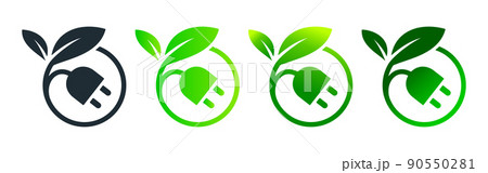 再生可能なエネルギーのプラグの葉っぱの省エネイメージ、ベクターアイコンイラスト素材緑色 90550281