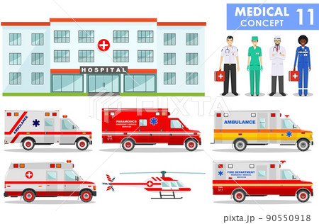 Medical concept. Detailed illustration of hospital building, ambulance cars helicopter, emergency doctor and medical people in flat style on white background. Practitioner doctors man and woman. 90550918