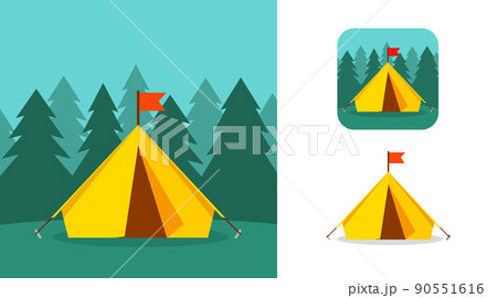 Camp tent in forest flat vector and campsite tourist app isolated on white background cartoon illustration modern closeup clipart image 90551616