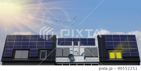 Solar panel installed on the house roof. Banner Solar panel installed on the house roof. Banner 90552251