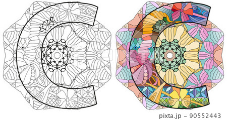 Letter C monogram on mandala, engraving design. Vector illustration for coloring. Color and outline set 90552443