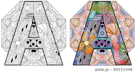 Letter A monogram on mandala for coloring, engraving design. Vector illustration. Color and outline set 90552446
