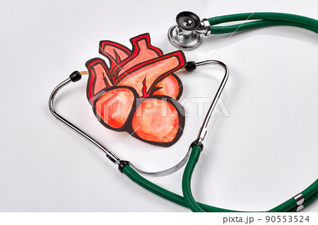 Realistic drawn red heart and stethoscope on white background. Realistic drawn red heart and stethoscope on white background. 90553524