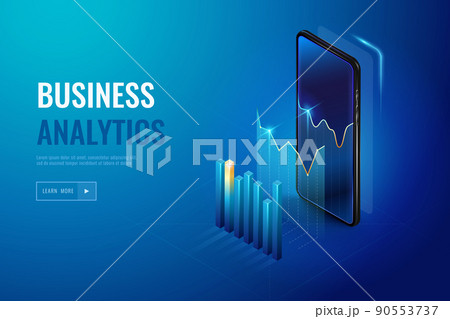 Realistic mobile phone with business analytics data and charts. Monitoring analysis, visualization data.Infographic with 3d vector phone. Marketing diagrams on smartphone Realistic mobile phone with business analytics data and charts. Monitoring analysis, visualization data.Infographic with 3d vector phone. Marketing diagrams on smartphone 90553737