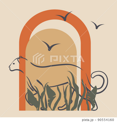 Contemporary mid century modern art, tropical design style with wild leopard 90554160