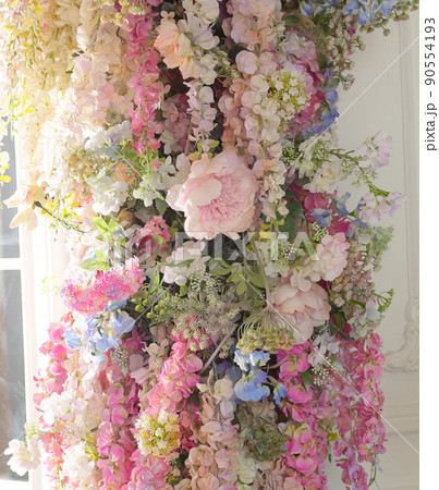 violet lilac, hydrangea, peony flower composition background on the wall 90554193