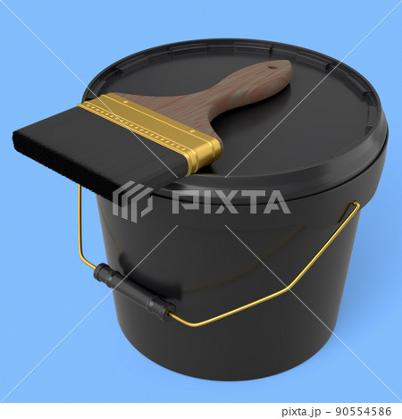 Closed plastic can or buckets with paint bristle brush on blue background. 90554586