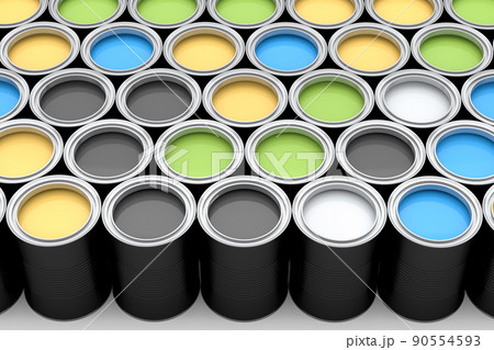 Set of open metal can or buckets of paint in row pattern on white background. 90554593