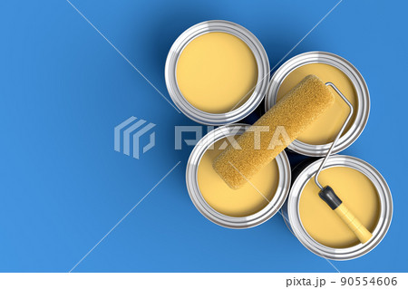 Set of metal cans or buckets with paint roller and brush on blue background. Set of metal cans or buckets with paint roller and brush on blue background. 90554606