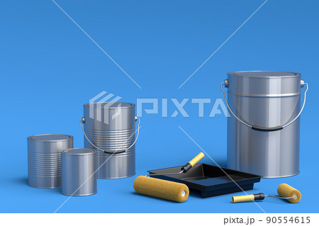 Set of metal cans or buckets with paint roller and tray on blue background. 90554615