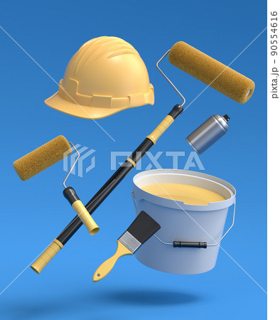 Set of safety helmet, bucket with paint rollers and brushes on blue background. 90554616