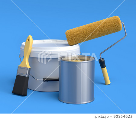 Set of metal and plastic buckets, paint roller and brush on blue background. 90554622