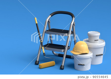 Set of folding ladder, bucket, helmet with paint rollers and brushes on blue. 90554645