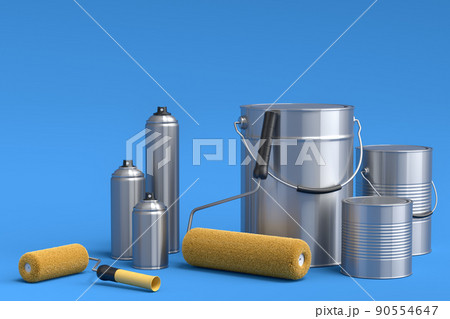 Set of metal and plastic buckets, spray paint, paint roller and brush on blue. 90554647