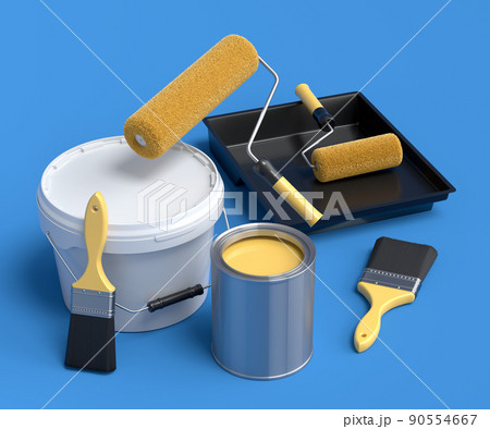 Set of safety helmet, bucket with paint rollers and brushes on blue background. Set of safety helmet, bucket with paint rollers and brushes on blue background. 90554667