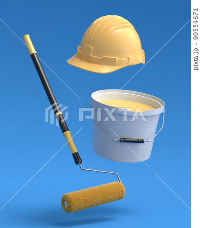 Set of safety helmet, bucket with paint rollers and brushes on blue background. 90554671