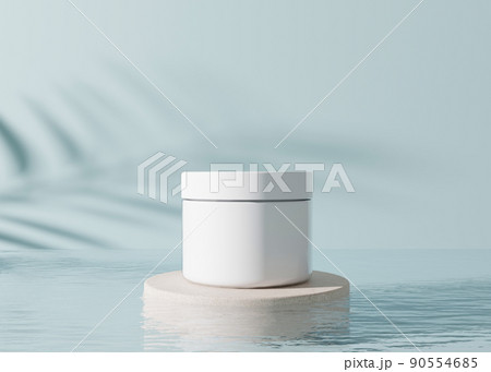 White, blank, unbranded cosmetic cream jar with leaves shadows and water on blue background. Skin care product presentation. Elegant mockup. Skincare, beauty and spa. Jar with copy space. 3D rendering 90554685