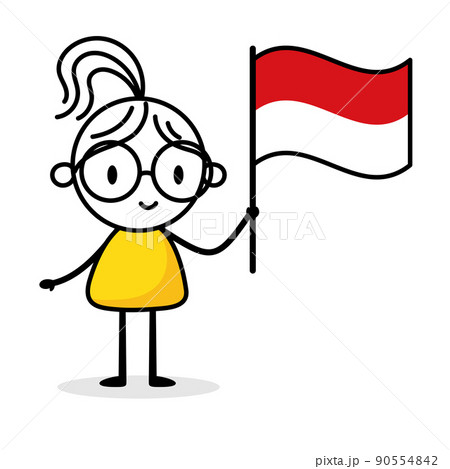 Woman holding flag of Indonesia isolated on white background. Hand drawn doodle line art man. Concept of country. Vector stock illustration. 90554842