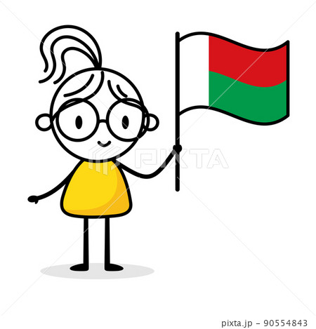 Woman holding flag of Madagascar isolated on white background. Hand drawn doodle line art man. Concept of country. Vector stock illustration. 90554843