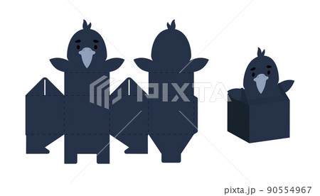 Simple packaging favor box raven design for sweets, candies, small presents. Party package template for any purposes, birthday, baby shower. Print, cut out, fold, glue. Vector stock illustration. 90554967