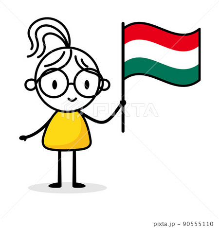 Woman holding flag of Hungary isolated on white background. Hand drawn doodle line art man. Concept of country. Vector stock illustration. 90555110