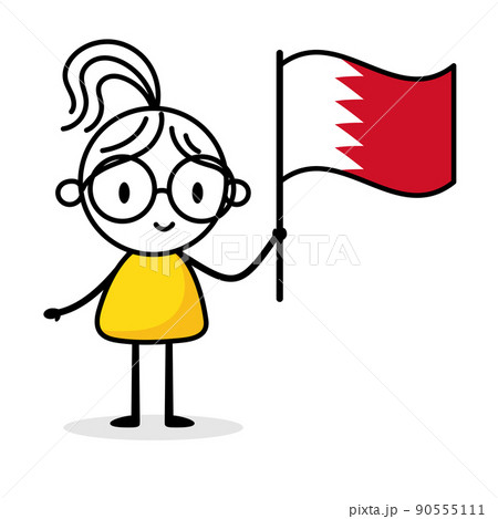 Woman holding flag of Bahrain isolated on white background. Hand drawn doodle line art man. Concept of country. Vector stock illustration. 90555111
