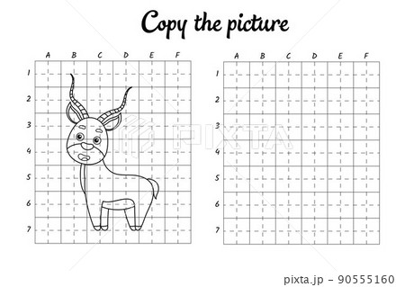 Copy the picture. Draw by grid. Coloring book pages for kids. Handwriting practice, drawing skills training. Education developing printable worksheet. Activity page. Cute cartoon vector illustration 90555160