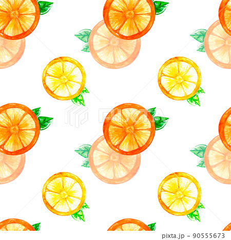 Watercolor tangerine and lemon pattern, seamless on white background, citrus, lime texture. Lemons in a watercolor style, hand painted. Lemon design for print, wedding, background, wallpaper 90555673