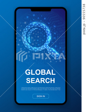 Magnifying glass 3d polygonal symbol template. Low poly Analysis tool illustration for mobile app page design. Loupe illustration concept. 90555738