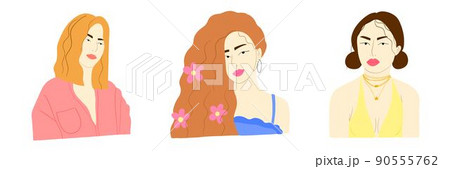 Illustration of three hipster girls. Beautiful young women with different hairstyles and accessories. Girl power concept. Hand drawn vector set Illustration of three hipster girls. Beautiful young women with different hairstyles and accessories. Girl power concept. Hand drawn vector set 90555762