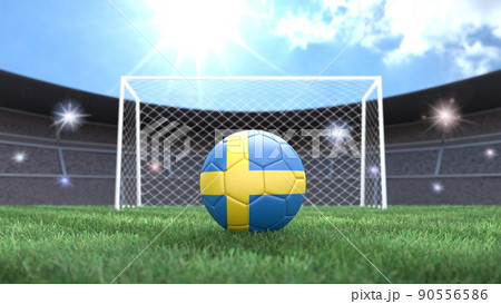 Soccer ball in flag colors on a bright sunny stadium background. Sweden. 3D image Soccer ball in flag colors on a bright sunny stadium background. Sweden. 3D image 90556586