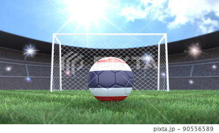 Soccer ball in flag colors on a bright sunny stadium background. Thailand. 3D image 90556589