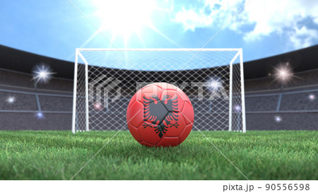 Soccer ball in flag colors on a bright sunny stadium background. Albania. 3D image 90556598