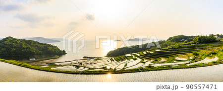 土谷棚田の夕陽　パノラマ　【長崎県松浦市】 90557471
