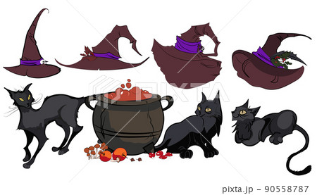 Set of cute black cats in witch hats. Spooky pets. 90558787