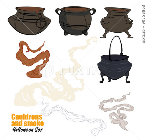 Set Witches cauldron with boiling magic potion 90558863
