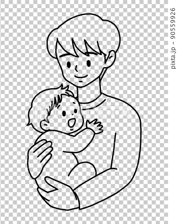 赤ちゃんを抱っこするお父さん／線画 90559926