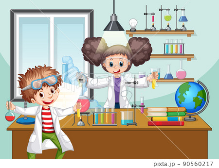 Classroom scene with scientist doing experiment Classroom scene with scientist doing experiment 90560217