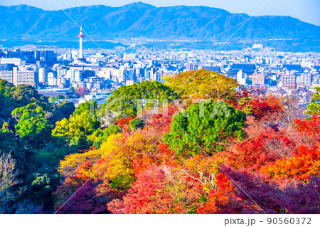 清水寺境内の紅葉と京都の街並 90560372